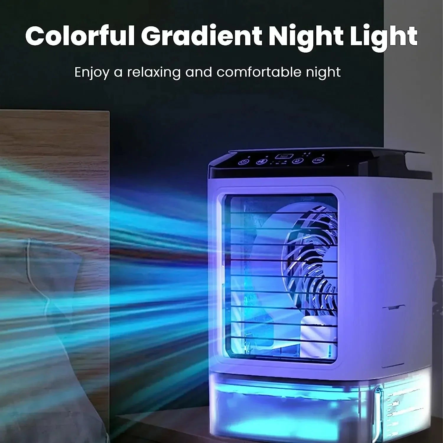CoolAura | Tragbarer Luftkühler | Ultraschall-Vernebelung | 3 Geschwindigkeitsstufen | LED Nachtlicht