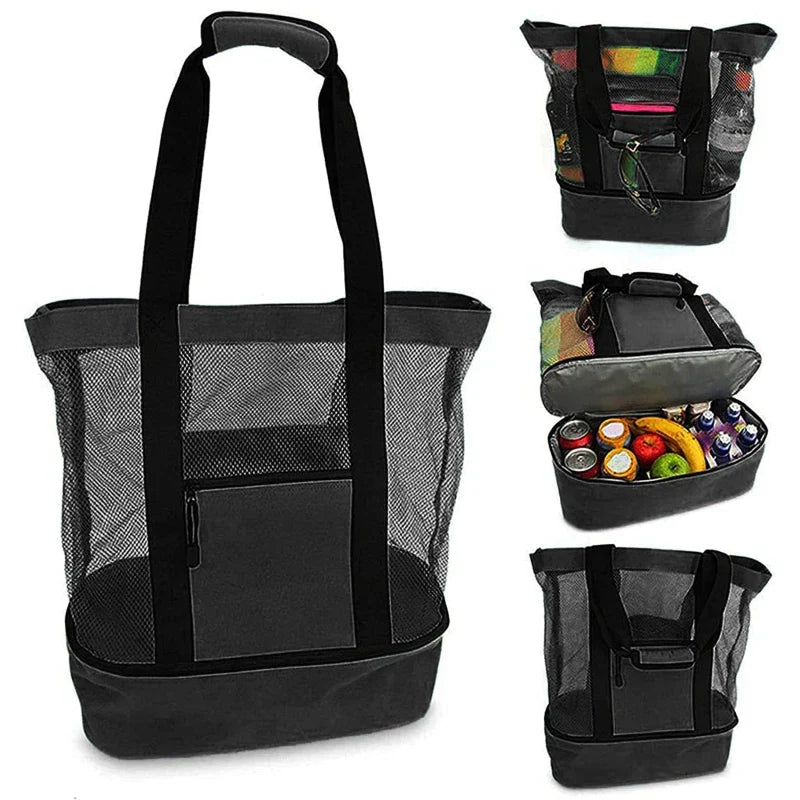 Breezora 2-in-1 Strandtasche | Mit Kühlfach & Netzbereich | Sandfrei & Wasserdicht | Ideal für Urlaub & Familienausflüge | Faltbar & Leicht