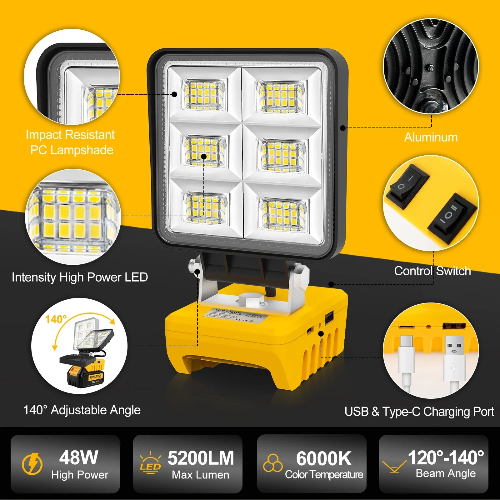 LumoPower 48 | Tragbare LED-Arbeitsleuchte | 5200 Lumen | Kompatibel mit DeWalt Akkus