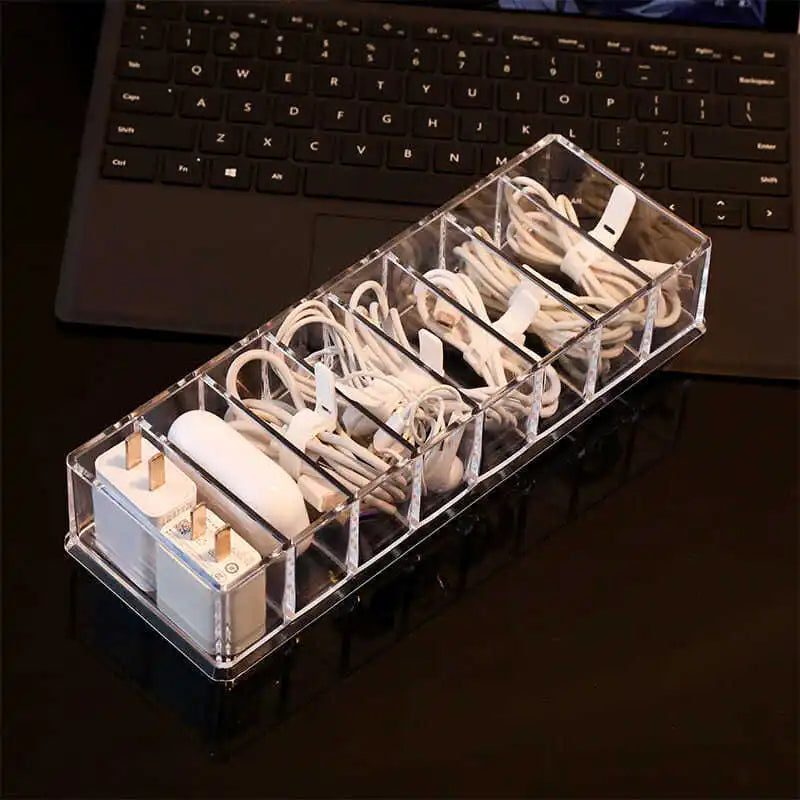 TechSort | Kabelorganizer 7-Fach | Transparentes Design für Ladekabel & Zubehör | 26×5,5×11 cm