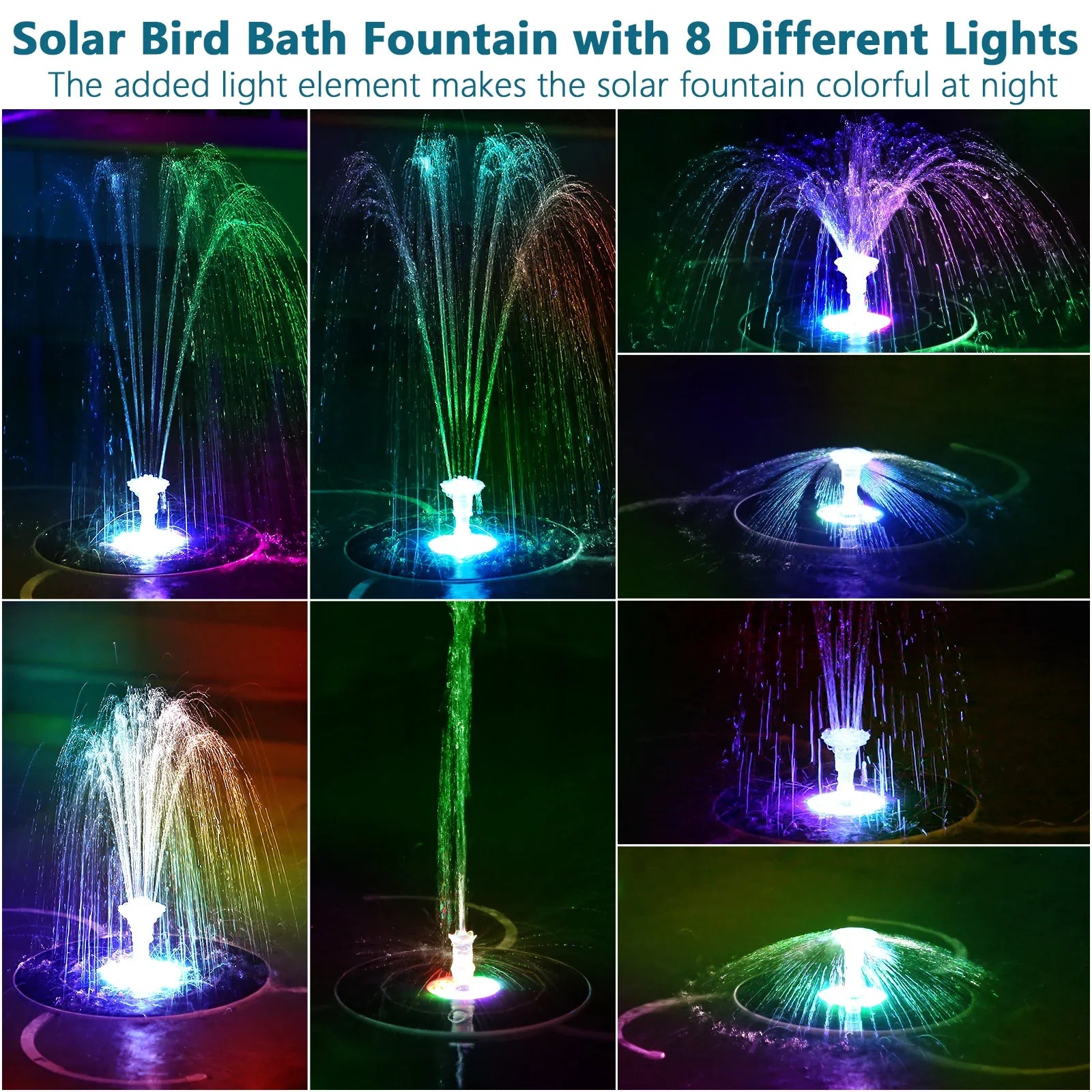AquaGlow Fountain | Solar Springbrunnen mit LED-Beleuchtung | 16 Düsen & 5000mAh Akku