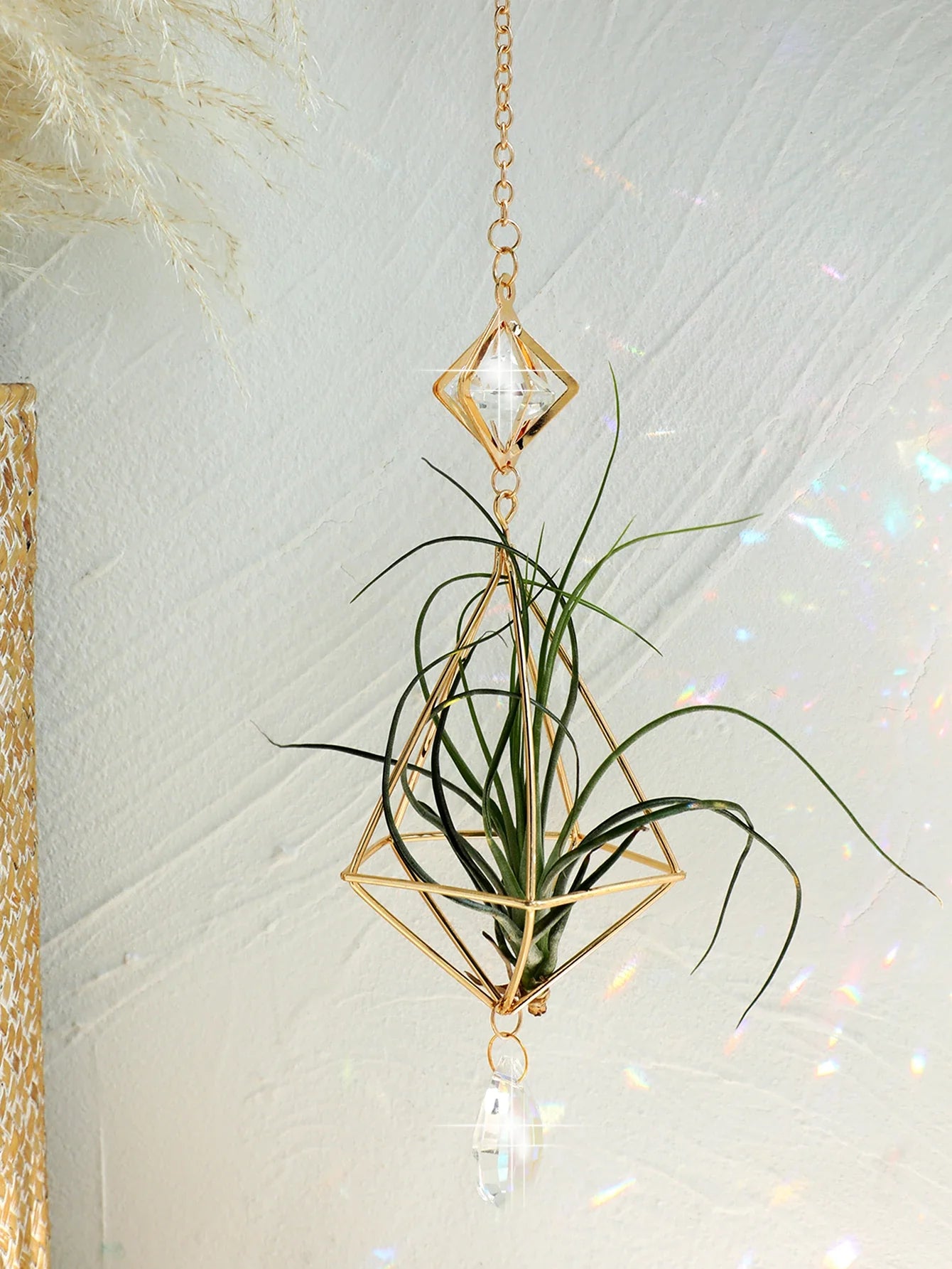 AerisGleam Airplant Hänger | Geometrische Boho-Deko | Mit Kristall & Goldrahmen | Für Tillandsien | Innen & Außen