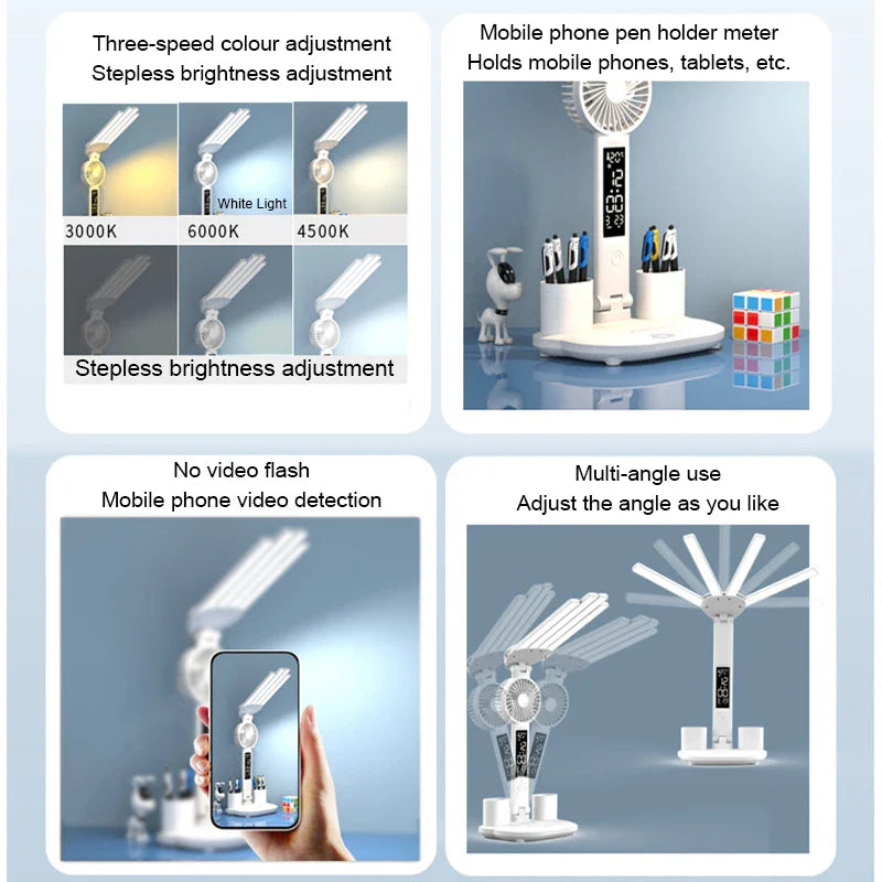 AuraFlex | LED-Tischlampe mit Ventilator | 3-in-1 Design | Touch-Steuerung & USB-Akku