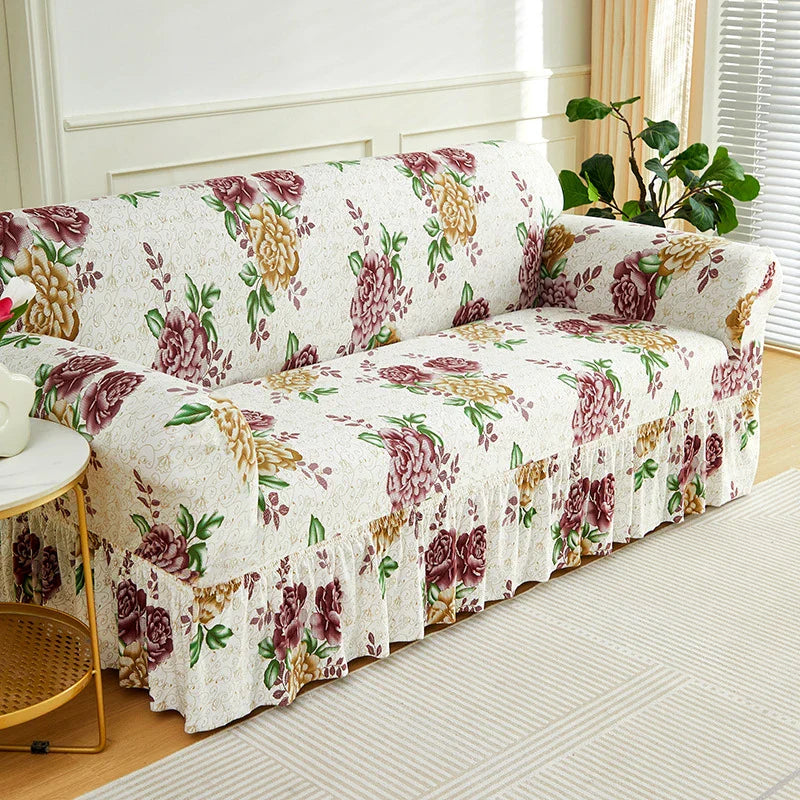 Floravelle | Sofaüberwurf mit Blumenmuster | Elastisch & Rutschfest | Dekorativer Rüschenakzent | Waschbarer Sofabezug