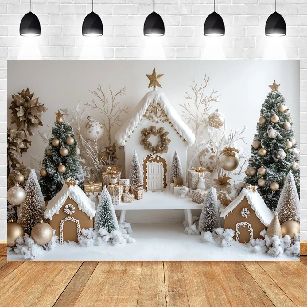 Holvinea | Weihnachts-Fotohintergrund | Miniatur Weihnachtshaus und Baum | Familien- & Kinderportrait-Dekor | Vinyl/Polyester/Velours | 300×200 cm