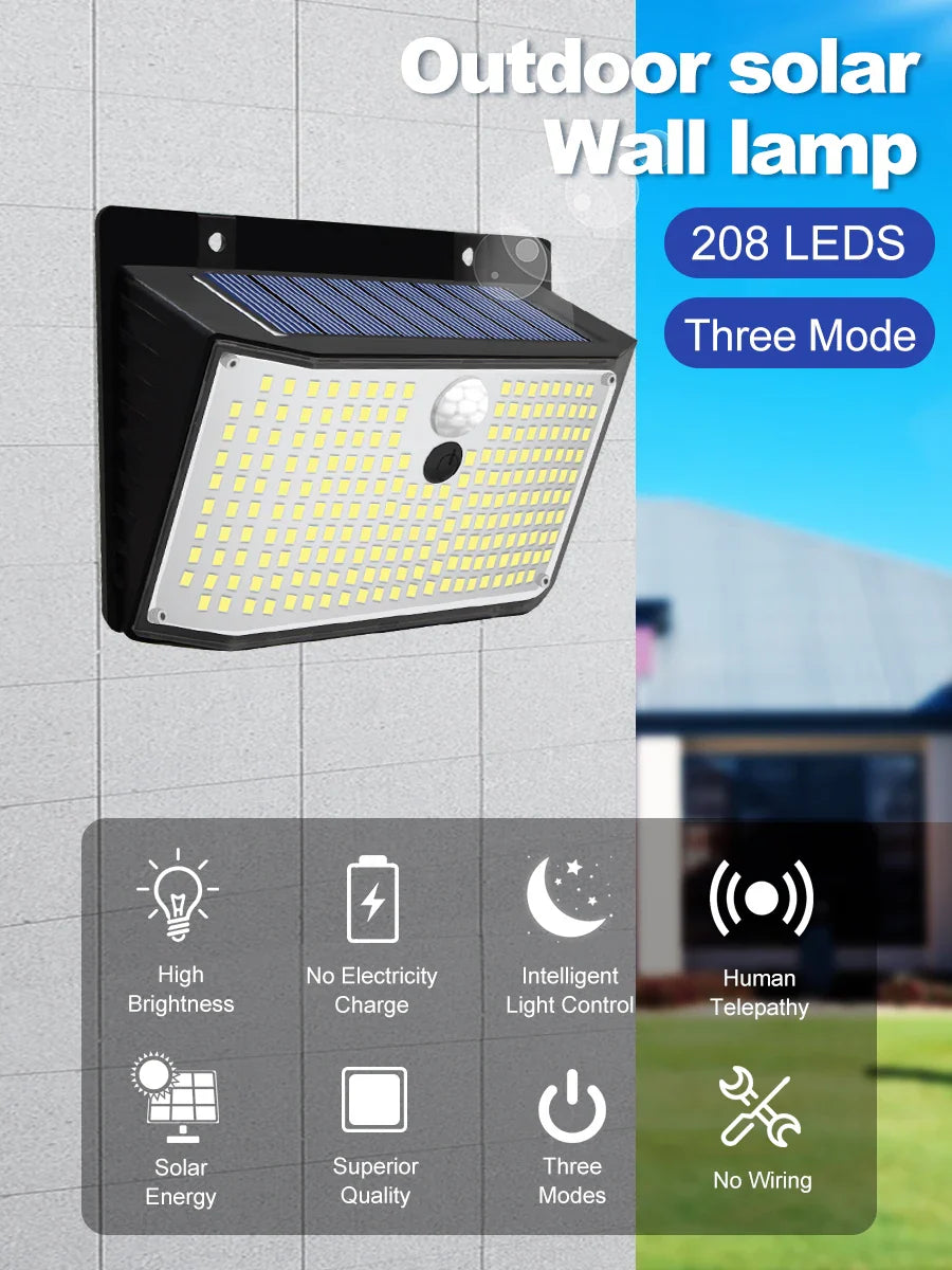 Solar Wandleuchte Lumivio | 208 LEDs mit Sensor | 3 Leuchtmodi & IP65 | Für Garten, Terrasse & Balkon
