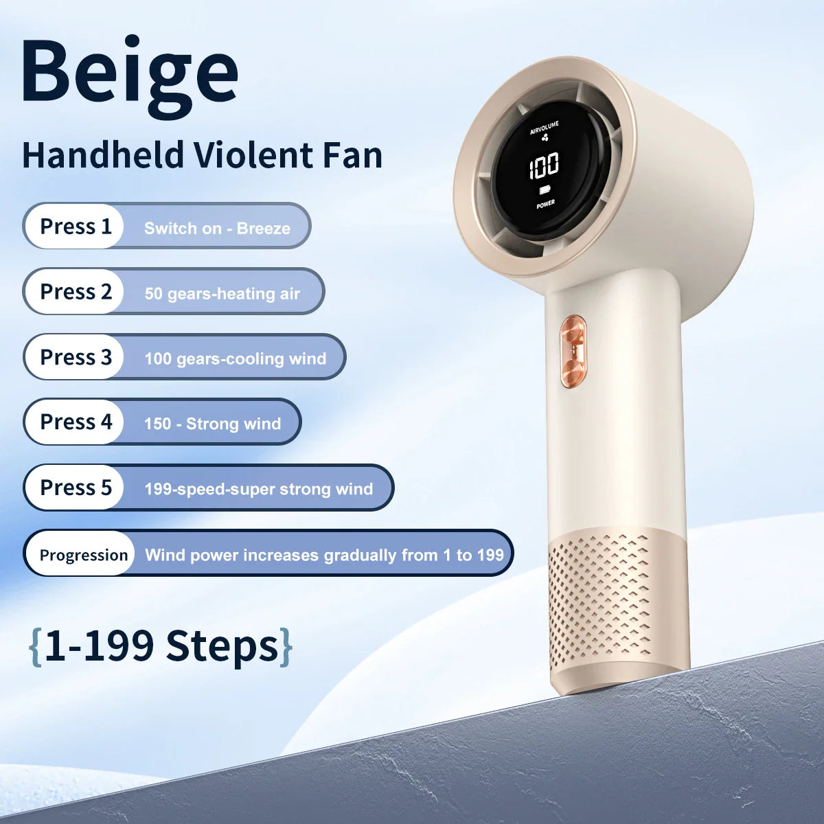 Windio Pro | Tragbarer Mini-Ventilator | 199 Stufen | Mit USB-Aufladung