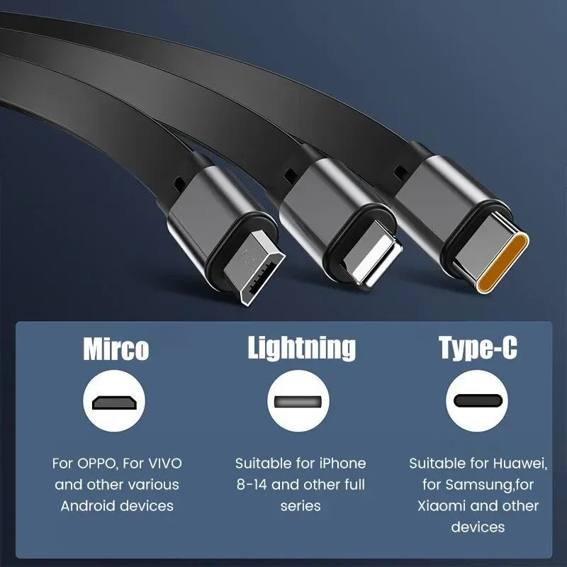 TriConnect Ladekabel | 3-in-1 & Ausziehbar | 100W Schnellladung | Für iPhone & Android