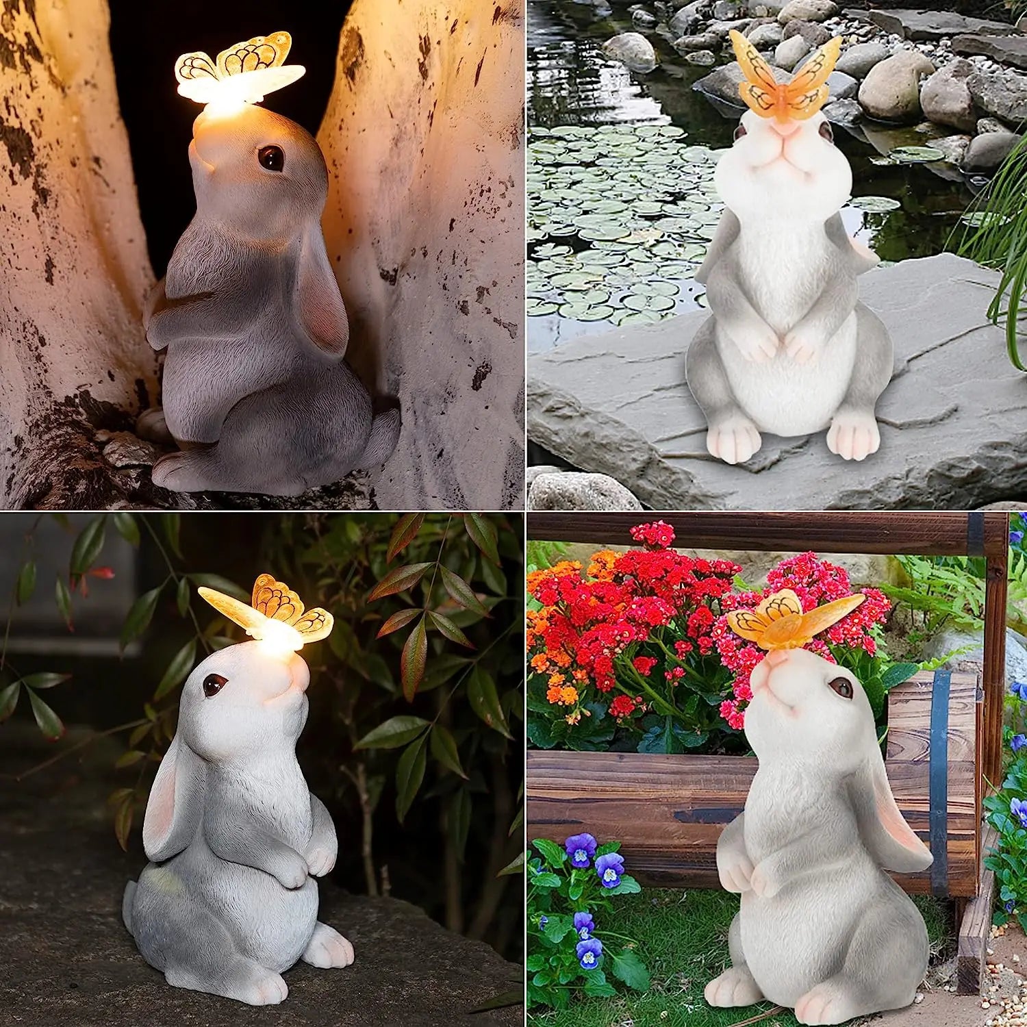 Solinoa BunnyGlow | Solar Gartenlampe mit Hase & Schmetterling | IP65 Wetterfest | Automatisches Licht | Outdoor Deko