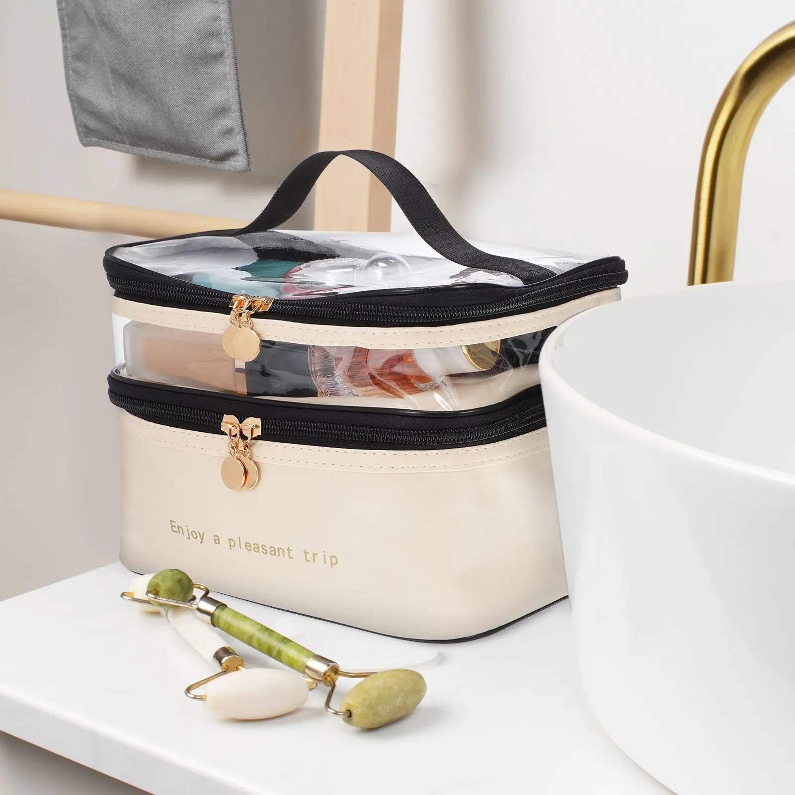 Traveluxe CosmoCase Kosmetiktasche mit Doppelkammer | Wasserabweisend & Transparent | Für Reisen & Beauty-Essentials