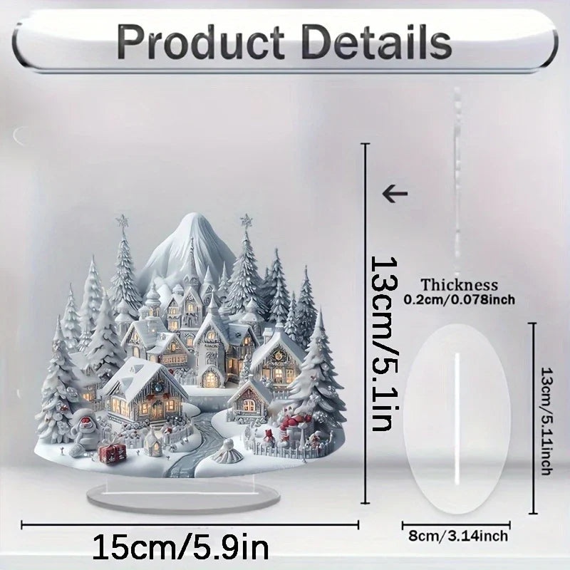 ArcticGlow | Acryl-Weihnachtsschmuck | Schneedorf mit Rentierszene | Flacher 2D-Stil