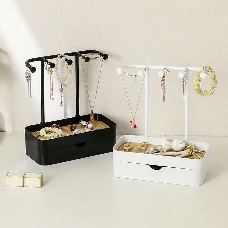 JewelHaven | Eleganter Schmuck-Organizer mit Holzablage | Für Ohrringe, Ketten & Ringe | Dekorativ & Praktisch