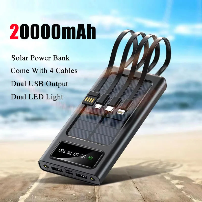 PowerCharge Solar-Powerbank | 4-in-1 Kabelsystem | Schnellladen & LED-Taschenlampe