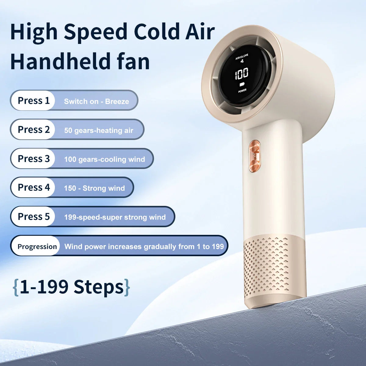 Windio Pro | Tragbarer Mini-Ventilator | 199 Stufen | Mit USB-Aufladung