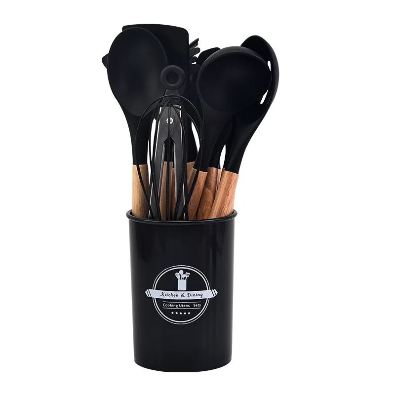 Mistrano | Küchenhelfer-Set | Silikon, Holzgriff, 12-teilig | Für Kochen, Braten & Servieren