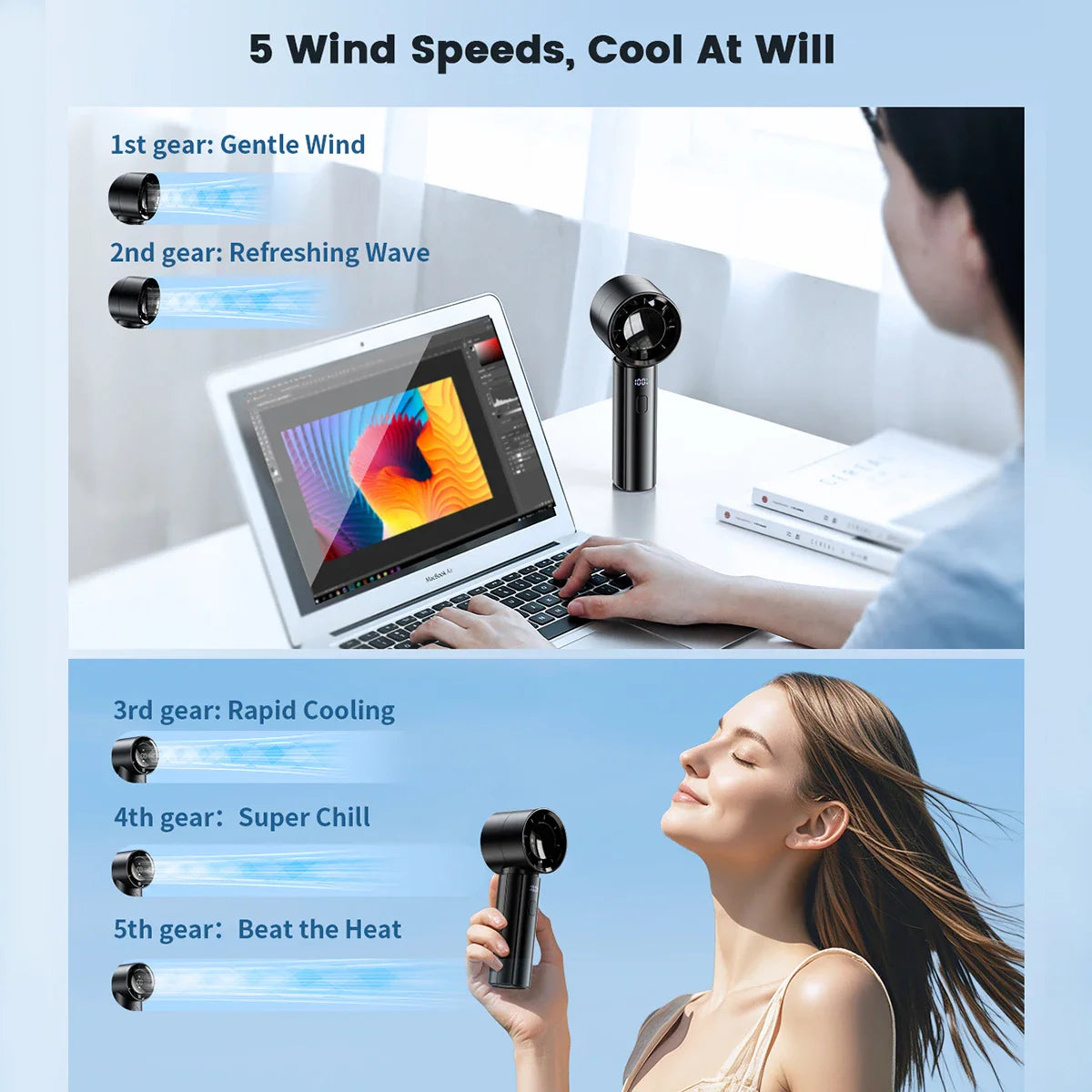 Aeriolo Mini-Handventilator | Turbo-Motor & Doppel-Luftstrom | 4000mAh Akku