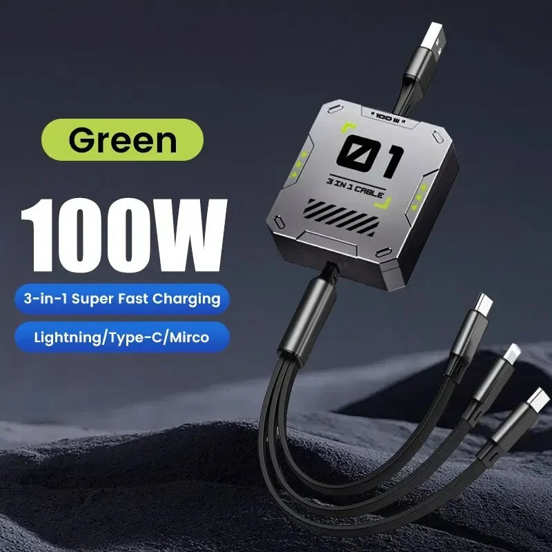 TriConnect Ladekabel | 3-in-1 & Ausziehbar | 100W Schnellladung | Für iPhone & Android