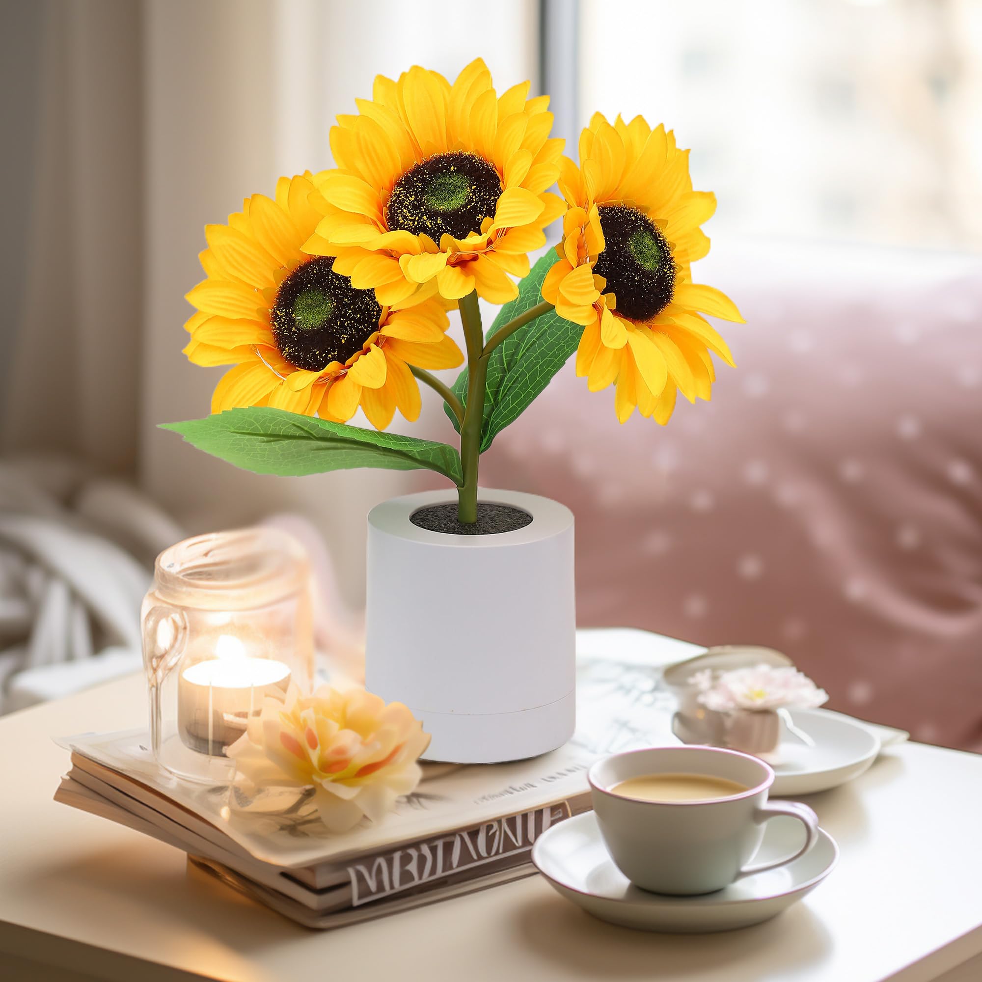 Solafleur LED Tischlampe | Sonnenblumen Design | Warmweiß mit 2 Lichtstufen | USB & Netzbetrieb