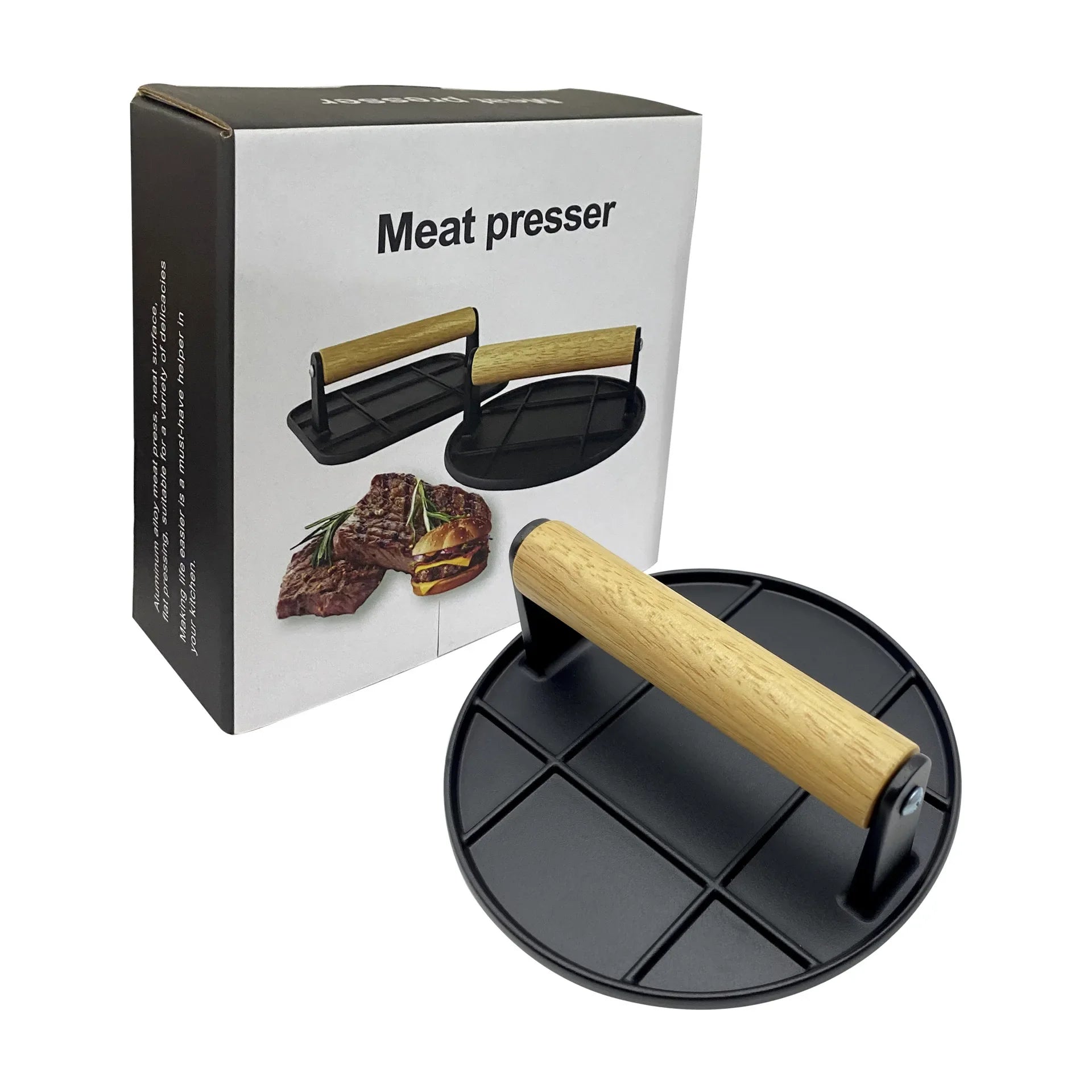 GrillCraft Burgerpresse | Runde & Quadratische Form | Antihaft | Eichenholzgriff