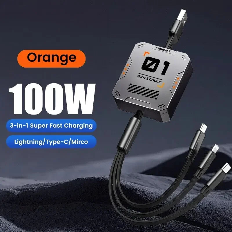 TriConnect Ladekabel | 3-in-1 & Ausziehbar | 100W Schnellladung | Für iPhone & Android