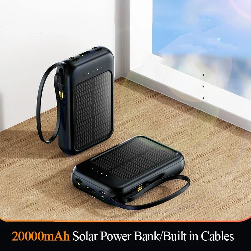 PowerVolt Max 20K | Solarbetriebene Powerbank | 4 Ladekabel integriert | LED-Taschenlampe