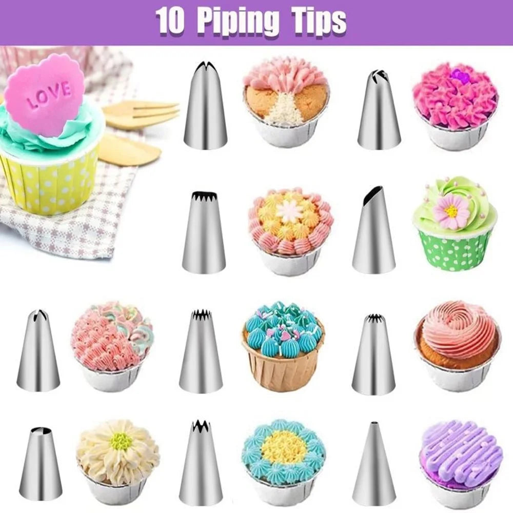 BakeMaster Dekor Set | Komplettes Set für Profis | 10 Spritztüllen & Silikonbeutel