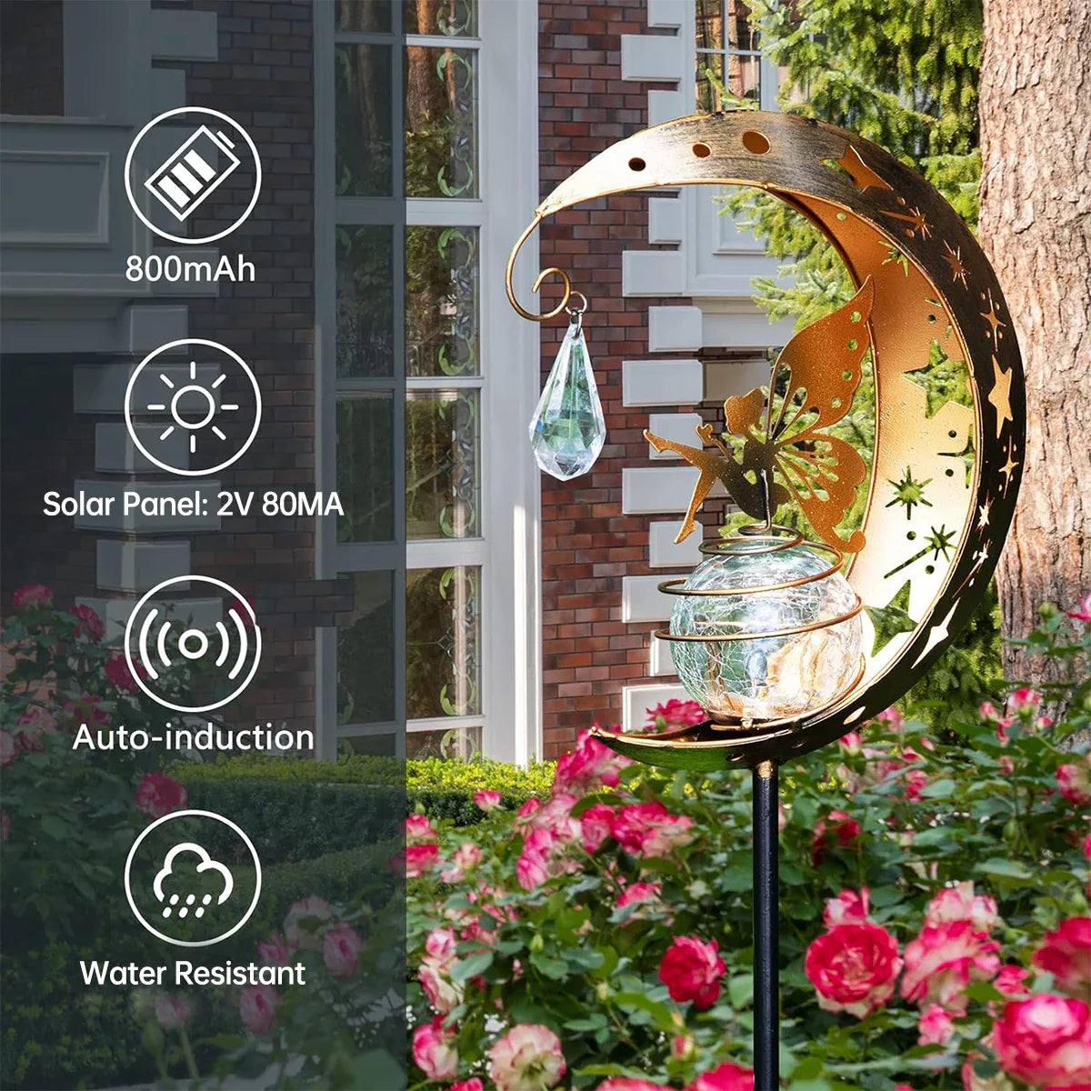 LumaGlow Solar-Gartenleuchte | Feenfigur im Mond | Rissglas-Kugel | Solarenergie | Wetterfest