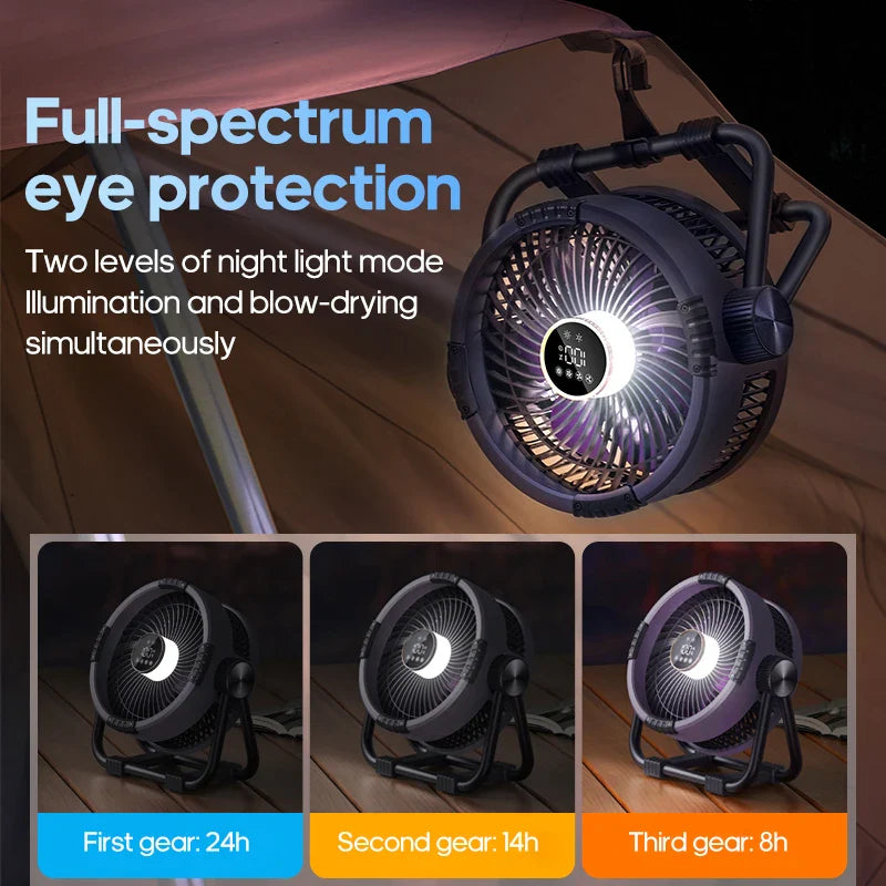 CampoCool Outdoor-Ventilator | LED-Licht & Powerbank | 360° Aufhängung | 20000mAh Akku
