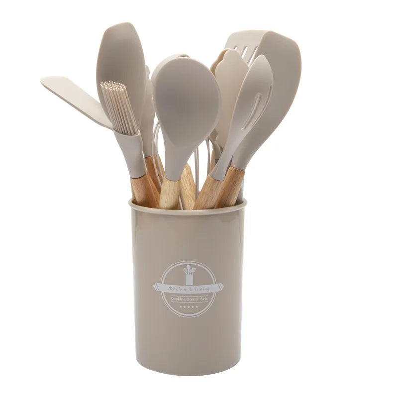 Mistrano | Küchenhelfer-Set | Silikon, Holzgriff, 12-teilig | Für Kochen, Braten & Servieren