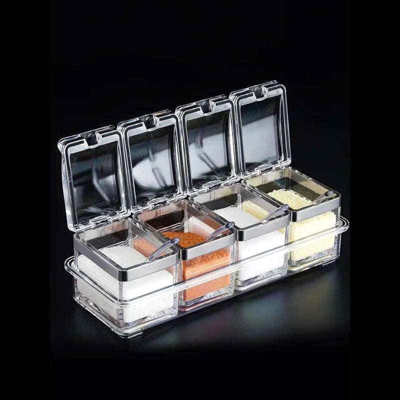 SpiceLuxe Quad | Gewürzbox Mit 4 Fächern & Löffeln | Transparent & Hygienisch | Für Küche & Grill