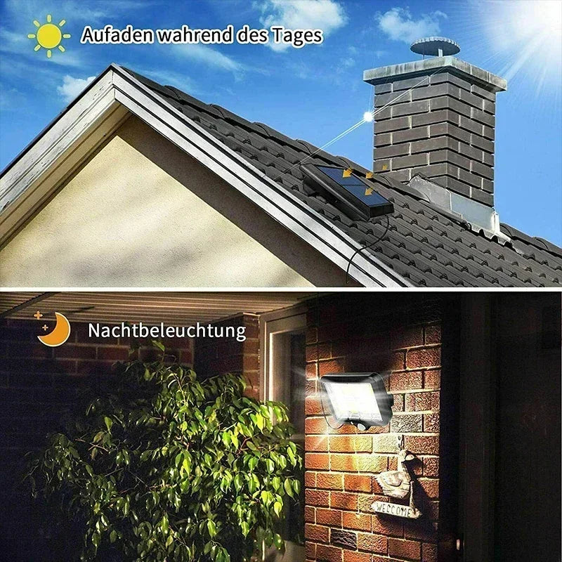 Solivor Solarleuchte mit Bewegungssensor | Kabellos & Wetterfest | 3 Modi | 100 COB-LEDs