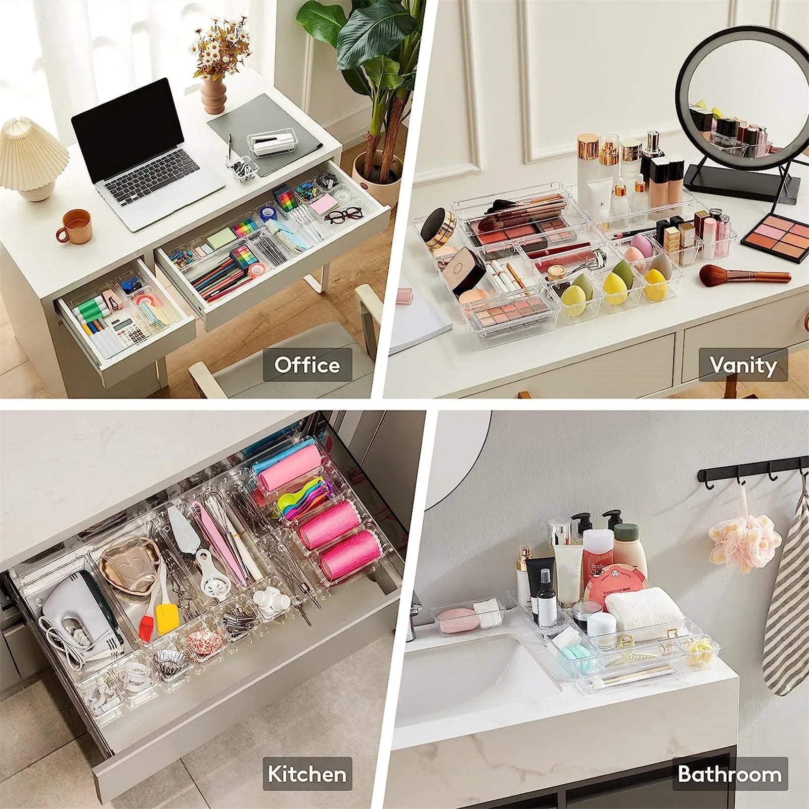 Clearyx Organizer Set | 18-teilig Transparent | Modular & Stapelbar | Für Bad, Küche & Büro