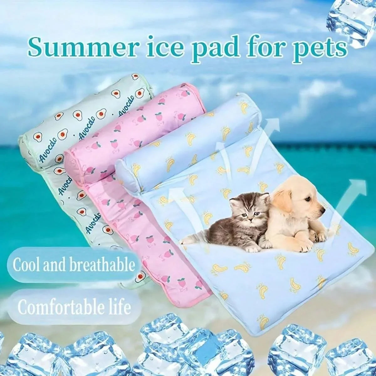 PawBreeze | Haustier Kühlmatte | Ice-Silk, Kopfstütze, Rutschfest | Sommerliege für Hunde & Katzen