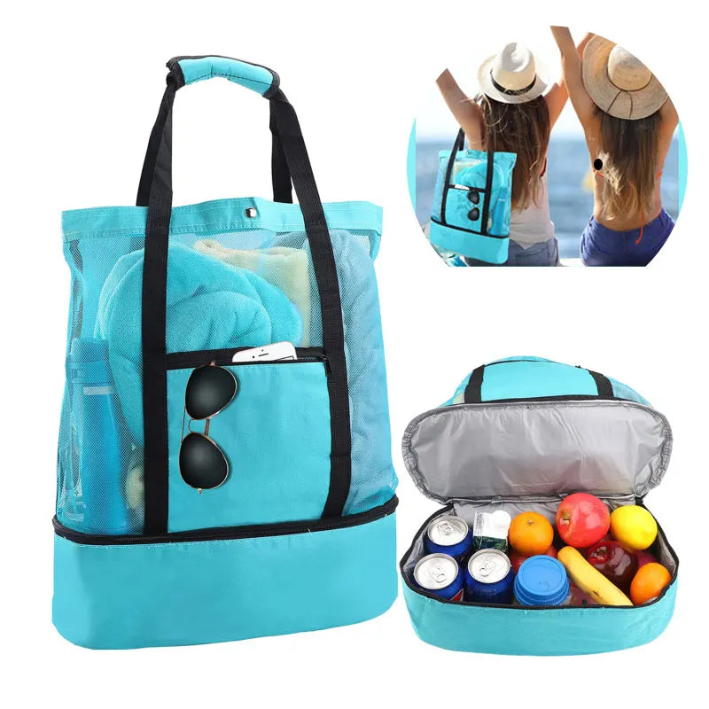 Breezora 2-in-1 Strandtasche | Mit Kühlfach & Netzbereich | Sandfrei & Wasserdicht | Ideal für Urlaub & Familienausflüge | Faltbar & Leicht