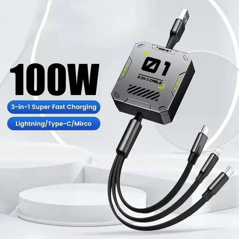 TriConnect Ladekabel | 3-in-1 & Ausziehbar | 100W Schnellladung | Für iPhone & Android