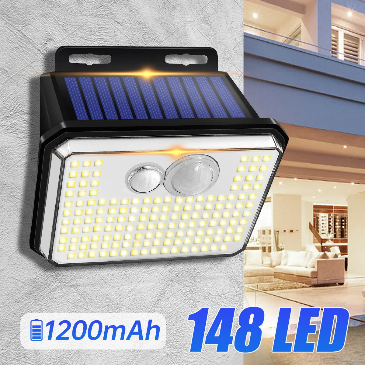 Vistalux Solar Wandleuchte | 148 LEDs | 3 Lichtmodi & Bewegungssensor | IP65 Wasserdicht