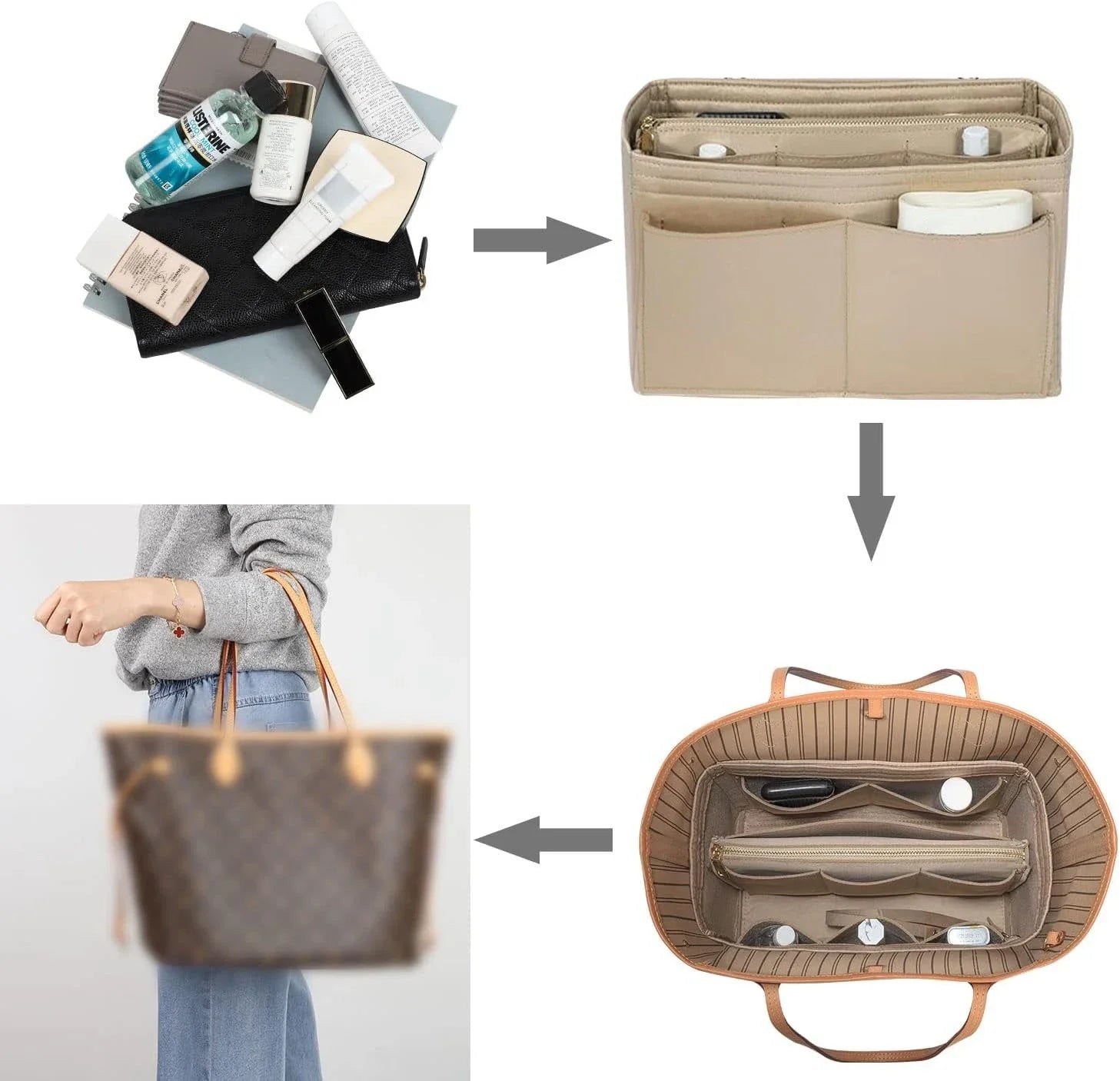 TidyLux | Handtaschen Organizer | 15 Fächer | Filz mit Metallreißverschluss