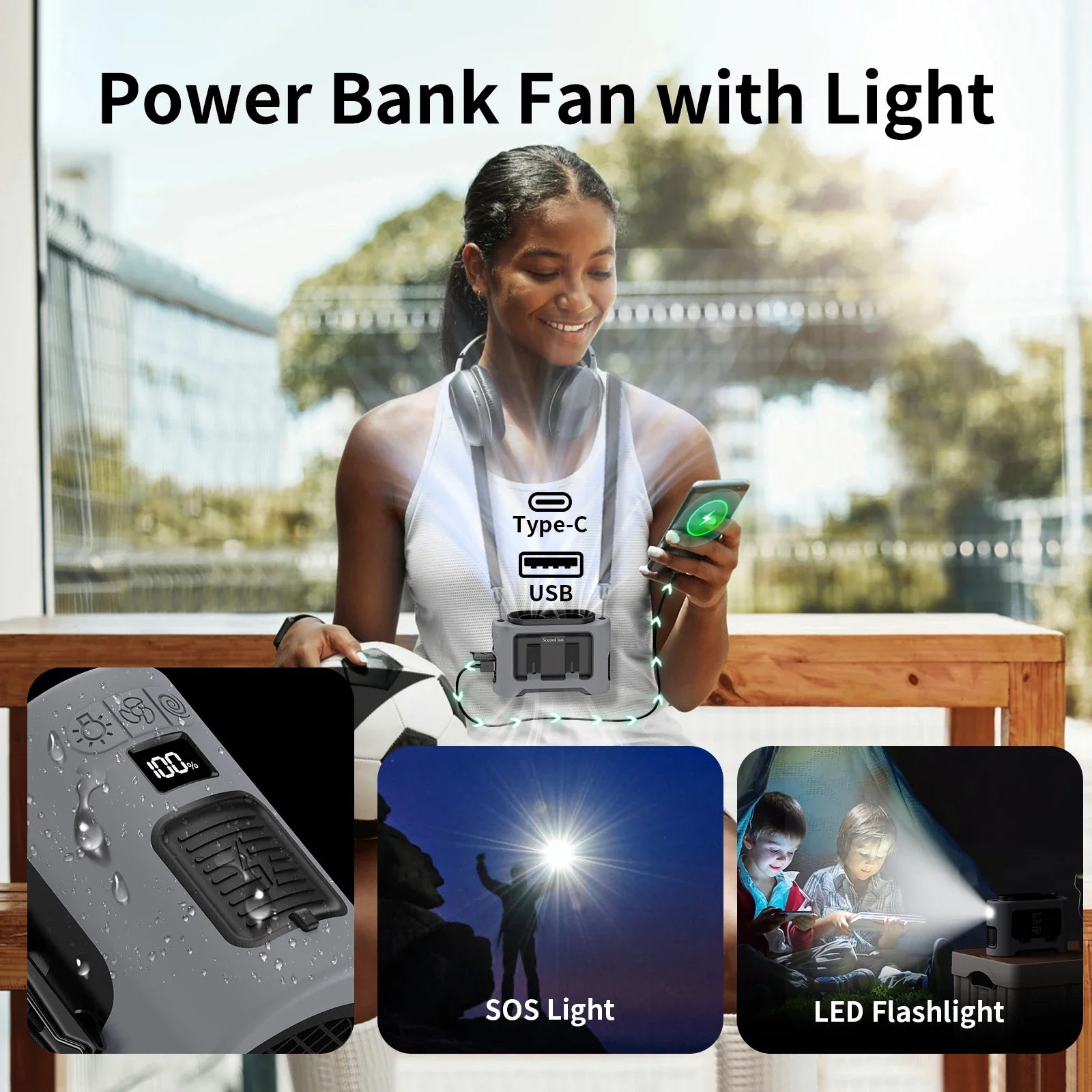 WindFlex | Tragbarer Ventilator mit Powerbank | 5 Windmodi & LED-Licht