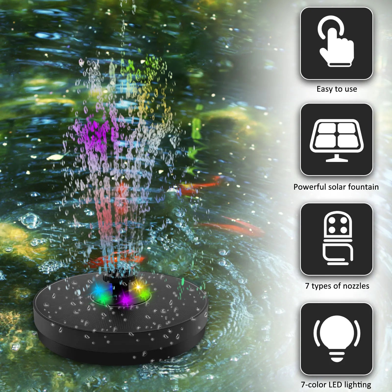 AquaSpark 36 | Solarbetriebener Springbrunnen | LED-Beleuchtung & 7 Fontänenaufsätze
