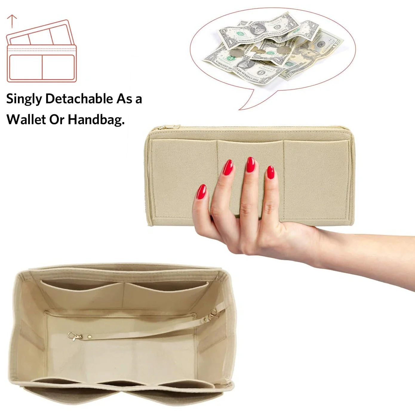 TidyLux | Handtaschen Organizer | 15 Fächer | Filz mit Metallreißverschluss