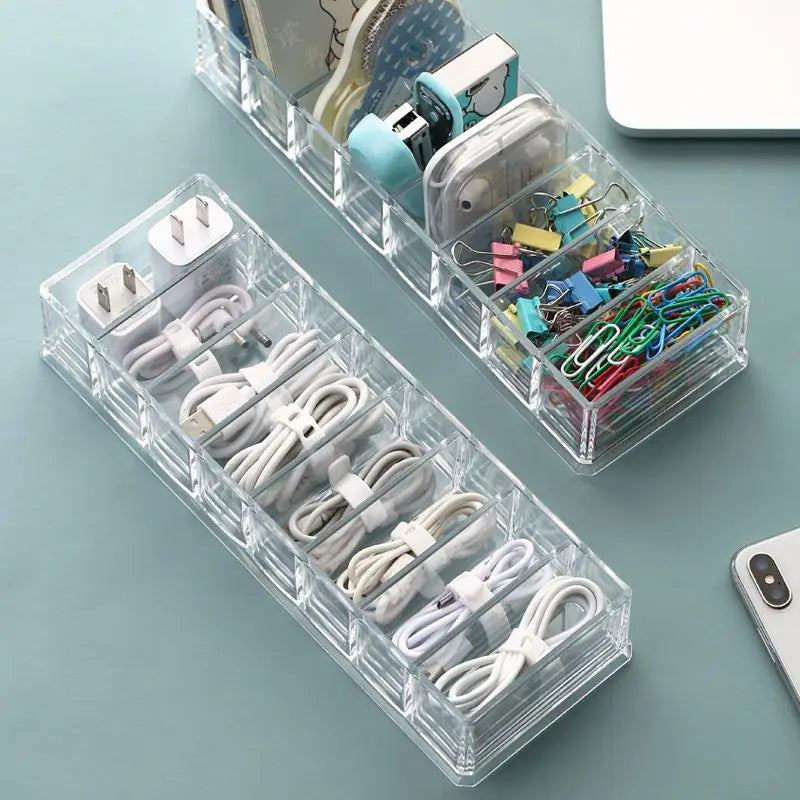 TechSort | Kabelorganizer 7-Fach | Transparentes Design für Ladekabel & Zubehör | 26×5,5×11 cm