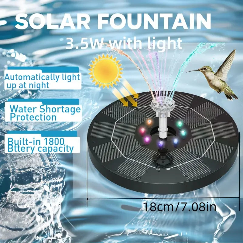 AquaGlow | Solar-Wasserbrunnen mit RGB LED | 6 Düsenaufsätze | 3.5W Solarpanel