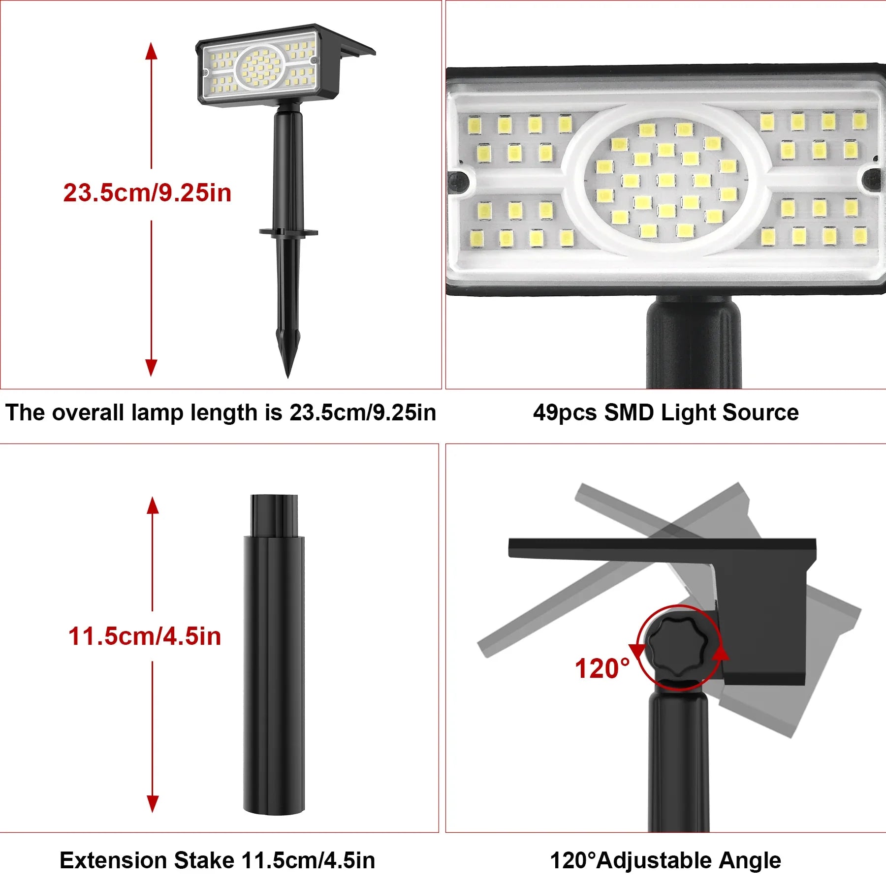 LumiPath LED Solarstrahler | 4 Lichtfarben & 49 LEDs | Für Garten, Wege & Outdoor | Wetterfest & mit Akku