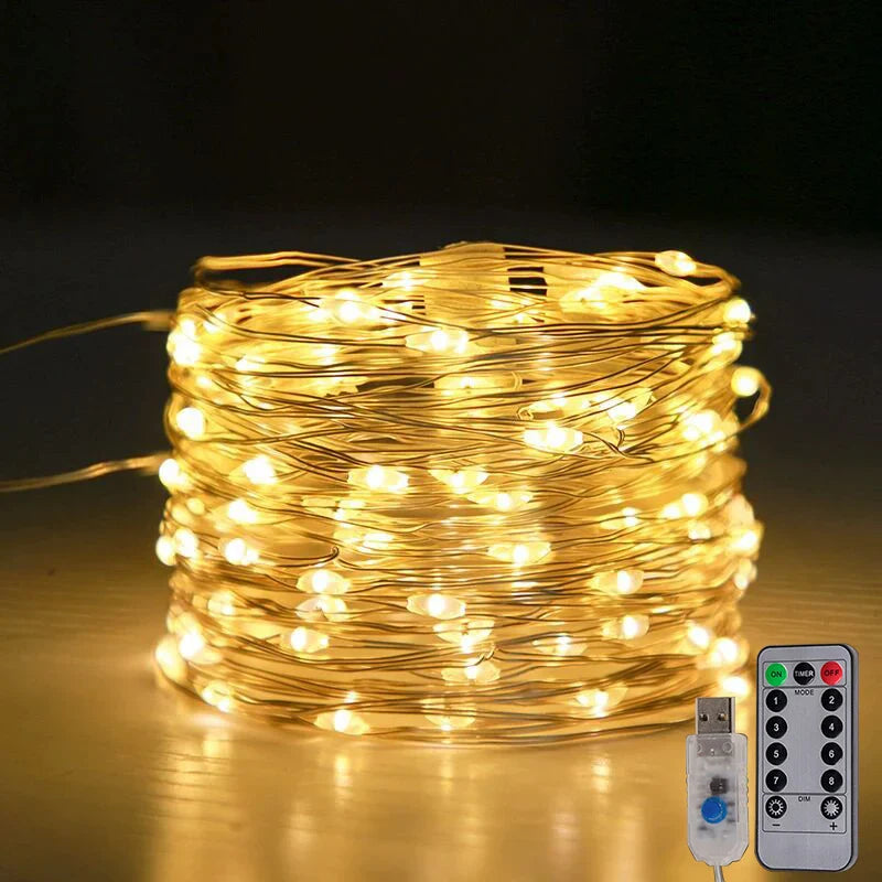 LumiCord LED-Lichterkette | USB-betrieben & fernbedienbar | 8 Beleuchtungsmodi | Warmweißes Licht | IP65 wasserdicht | Kupferdraht | Länge 5–30 m