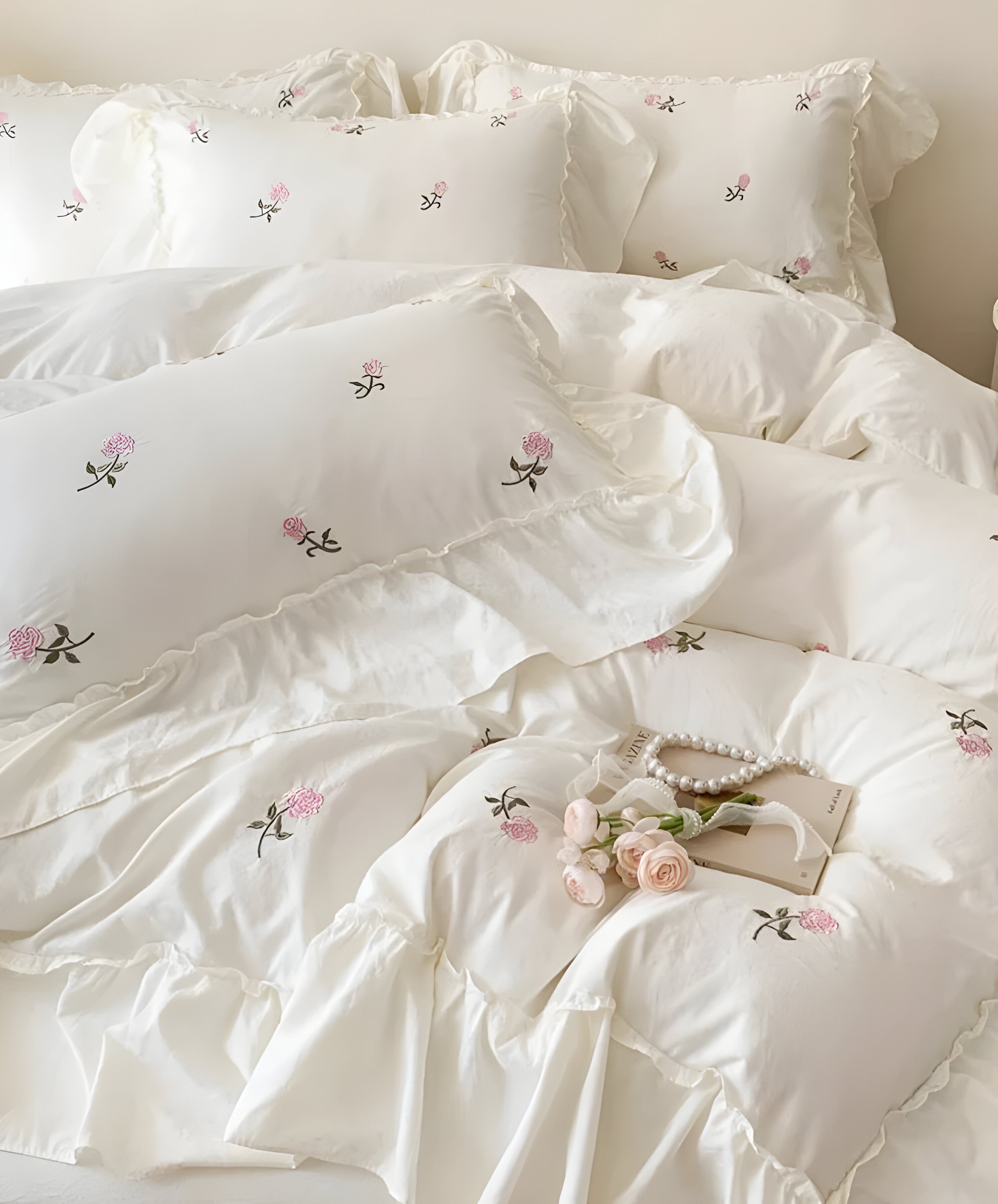 Rosivelle Bettwäsche-Set | Romantische Rosenstickerei | Weich & pflegeleicht | Für stilvolle Schlafzimmerträume
