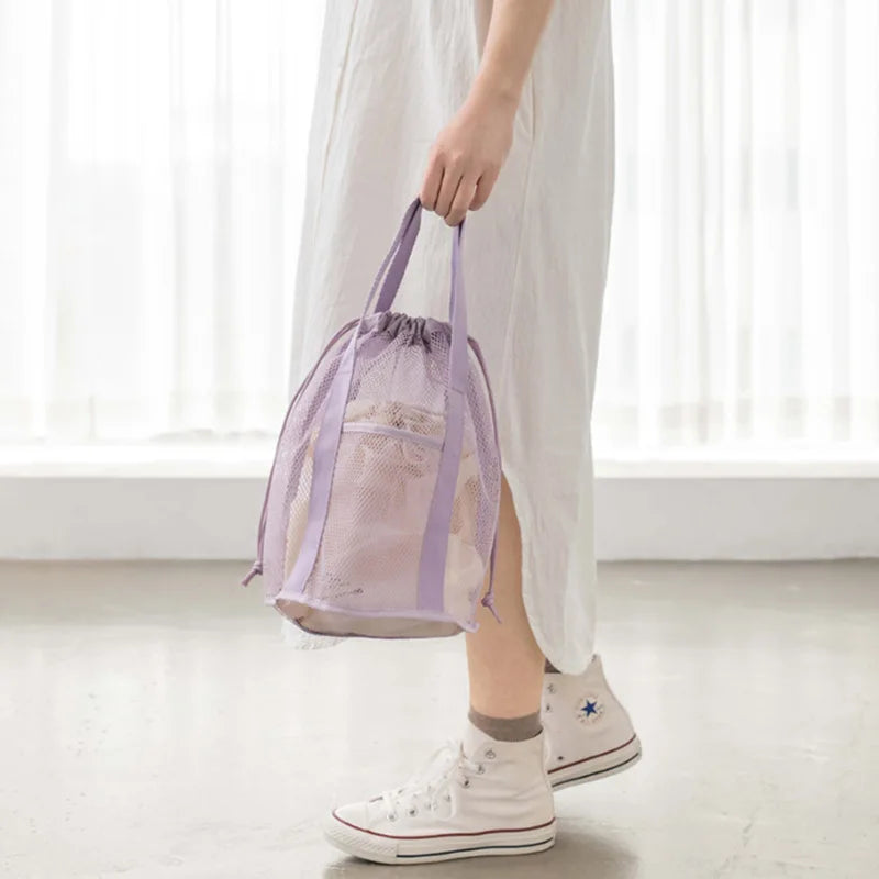 PackaNet MeshBag Kosmetiktasche mit Kordelzug | Großes Volumen & Faltbar | Atmungsaktives Nylon-Netz | Dunkelblau