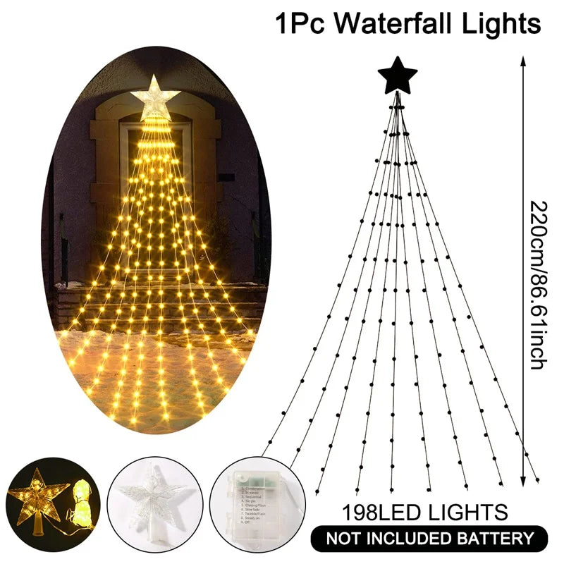 LED Stern Wasserfall StellaCascade | 198 LEDs | 2,2 m | Warmweiß / Weiß / Mehrfarbig | USB- und Batteriebetrieben | Weihnachts- & Silvesterdekoration