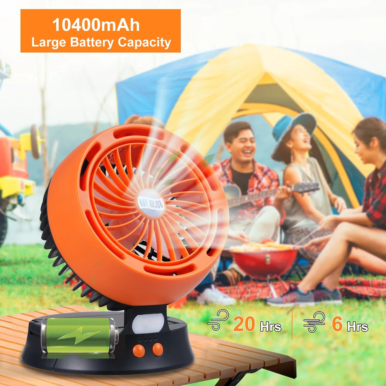 AirFlowMax Solar-Campingventilator | 4 Windstufen | LED-Beleuchtung & Powerbank | 10400mAh Akku