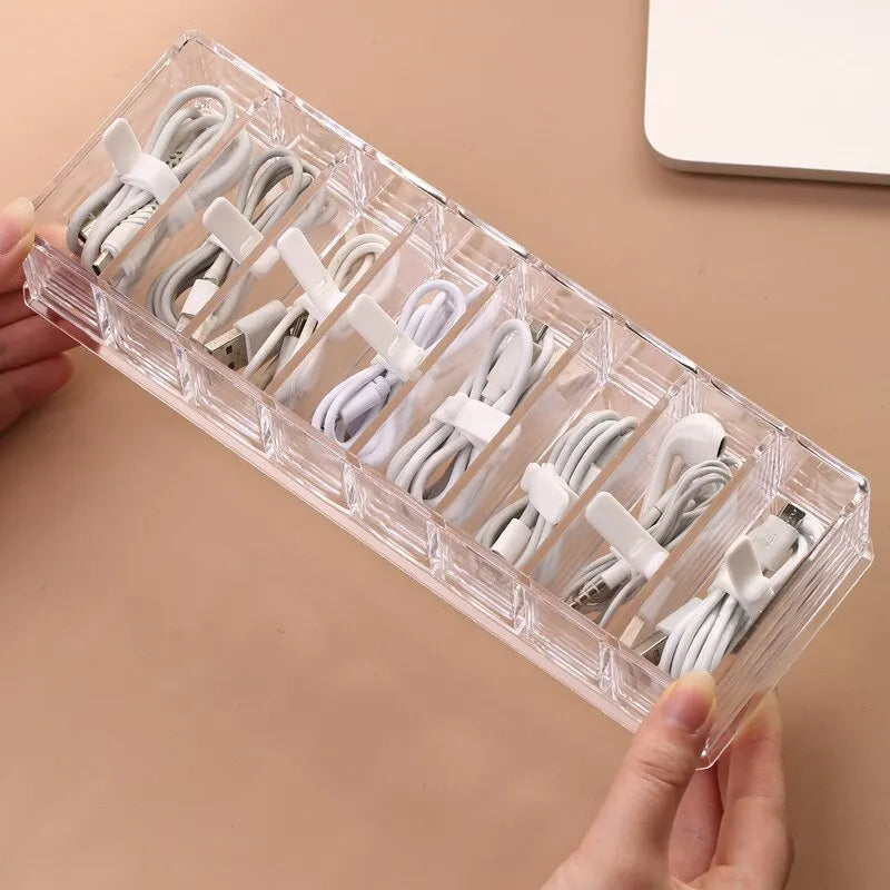 TechSort | Kabelorganizer 7-Fach | Transparentes Design für Ladekabel & Zubehör | 26×5,5×11 cm