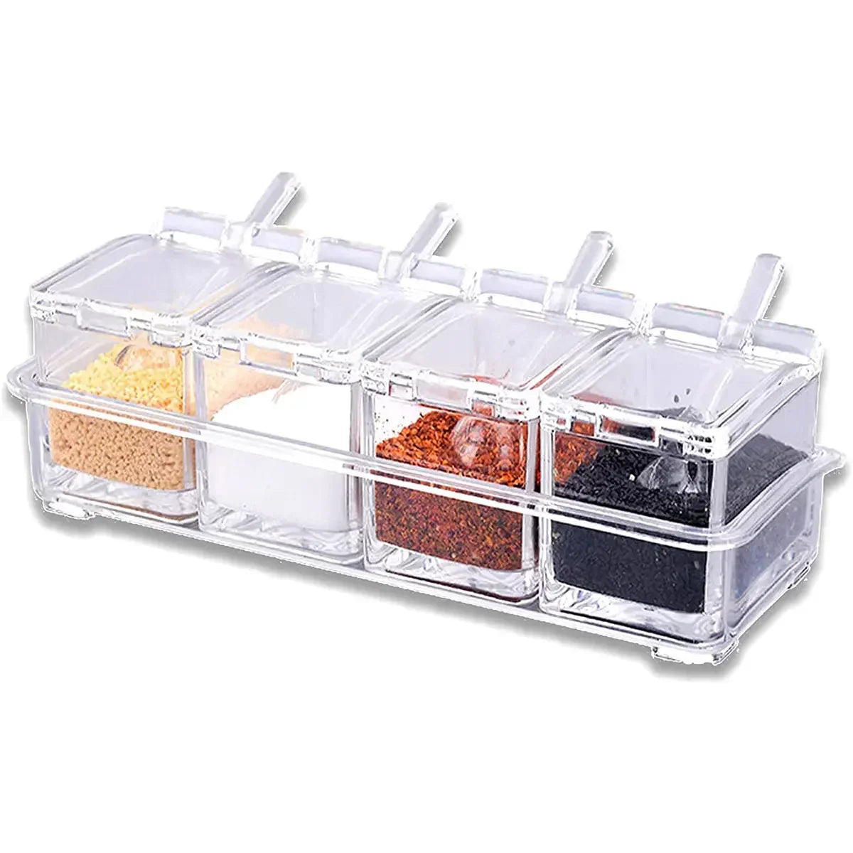SpiceLuxe Quad | Gewürzbox Mit 4 Fächern & Löffeln | Transparent & Hygienisch | Für Küche & Grill
